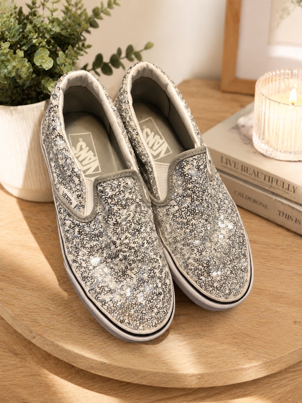 Vans Women's Slip-On Sequin Sneakers in Silver Glitter